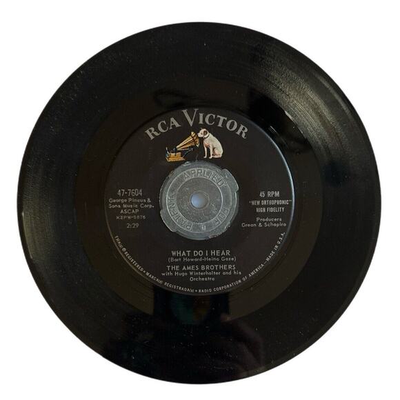 Vintage Vinyl 45 Rpm Ames Bros What Do I Hear & Take Me Along W/ Spider Adapter - Picture 1 of 4